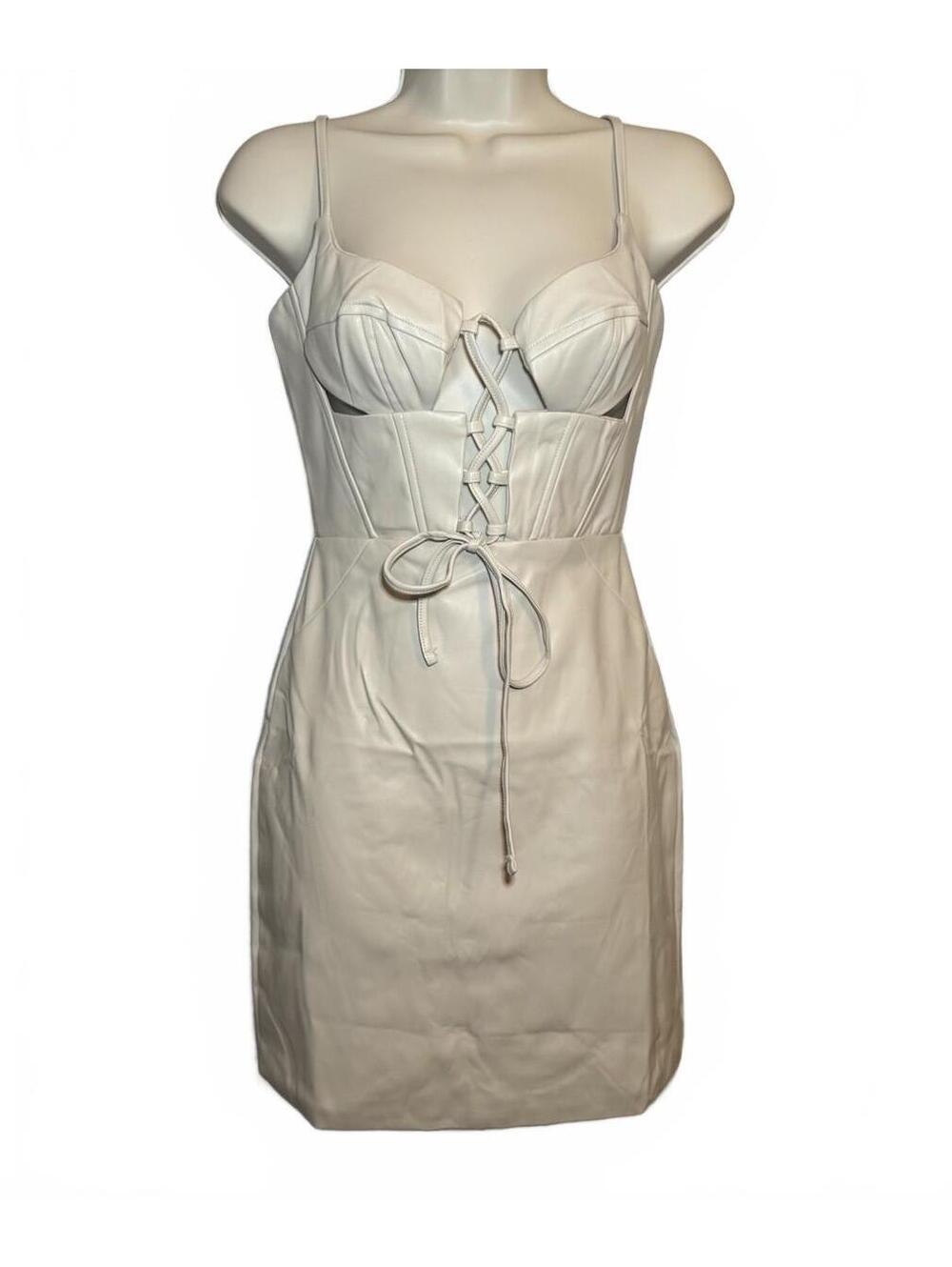 TIC TOC Women’s S Ivory Faux Leather Lace-Up Corset Bodycon Mini Zip Dress - NWT